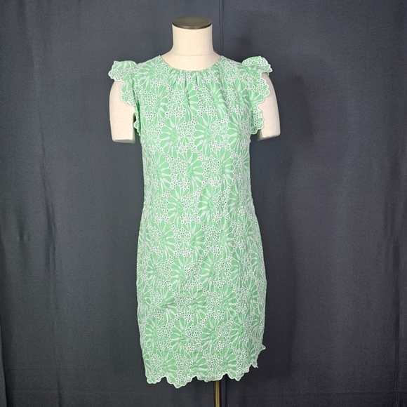 LOFT Eyelet Flutter Sleeve Shift Dress Size 2P Green Short Sleeve Embroidered - Picture 2 of 11
